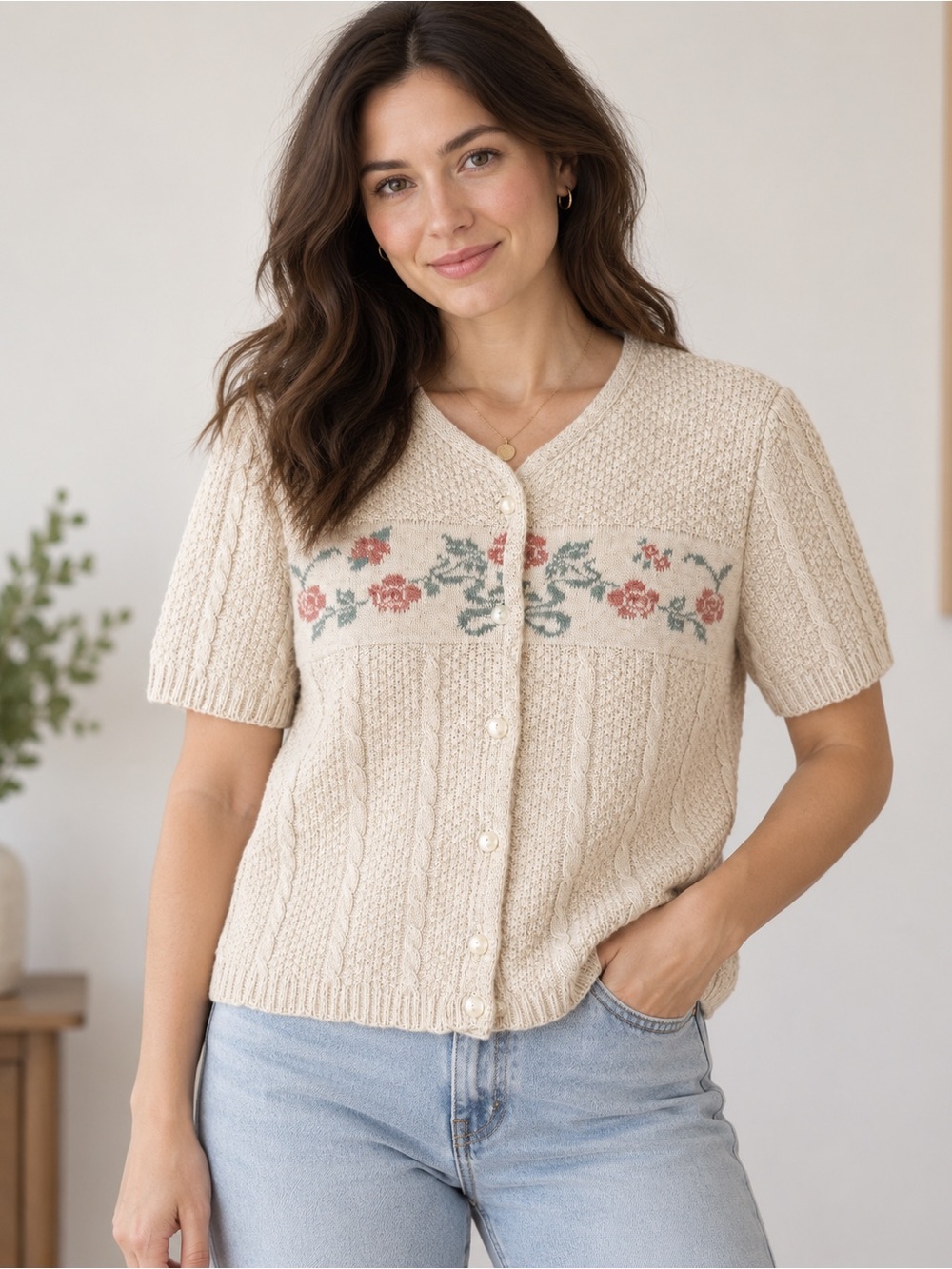 Vintage ILANCO Collection Beige Floral Knit Cardigan Short Sleeve Size M Made in